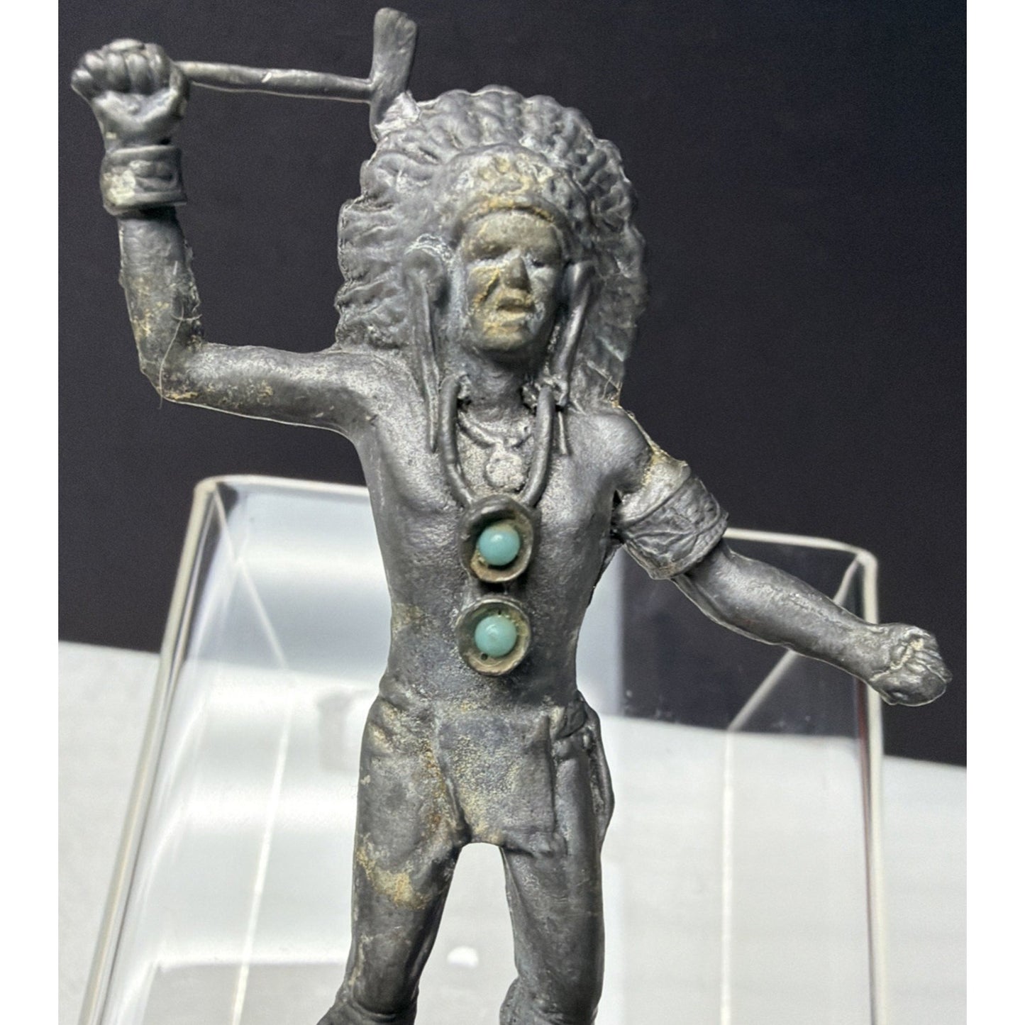 Lot of 2 Pewter Native American Kachina Dancer Indian Chief Figurines Turquoise