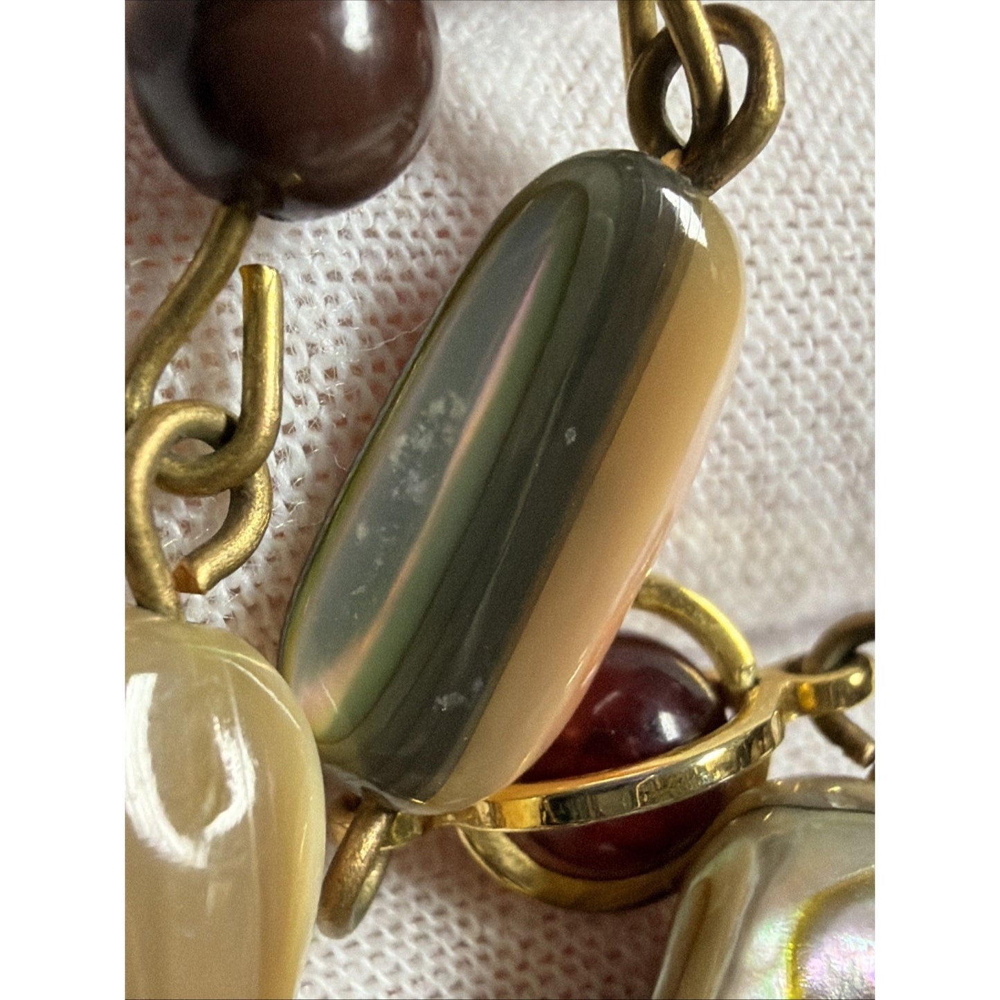 Vintage Multi Stone Necklace Gold Tone Agate Mother of Pearl Shell