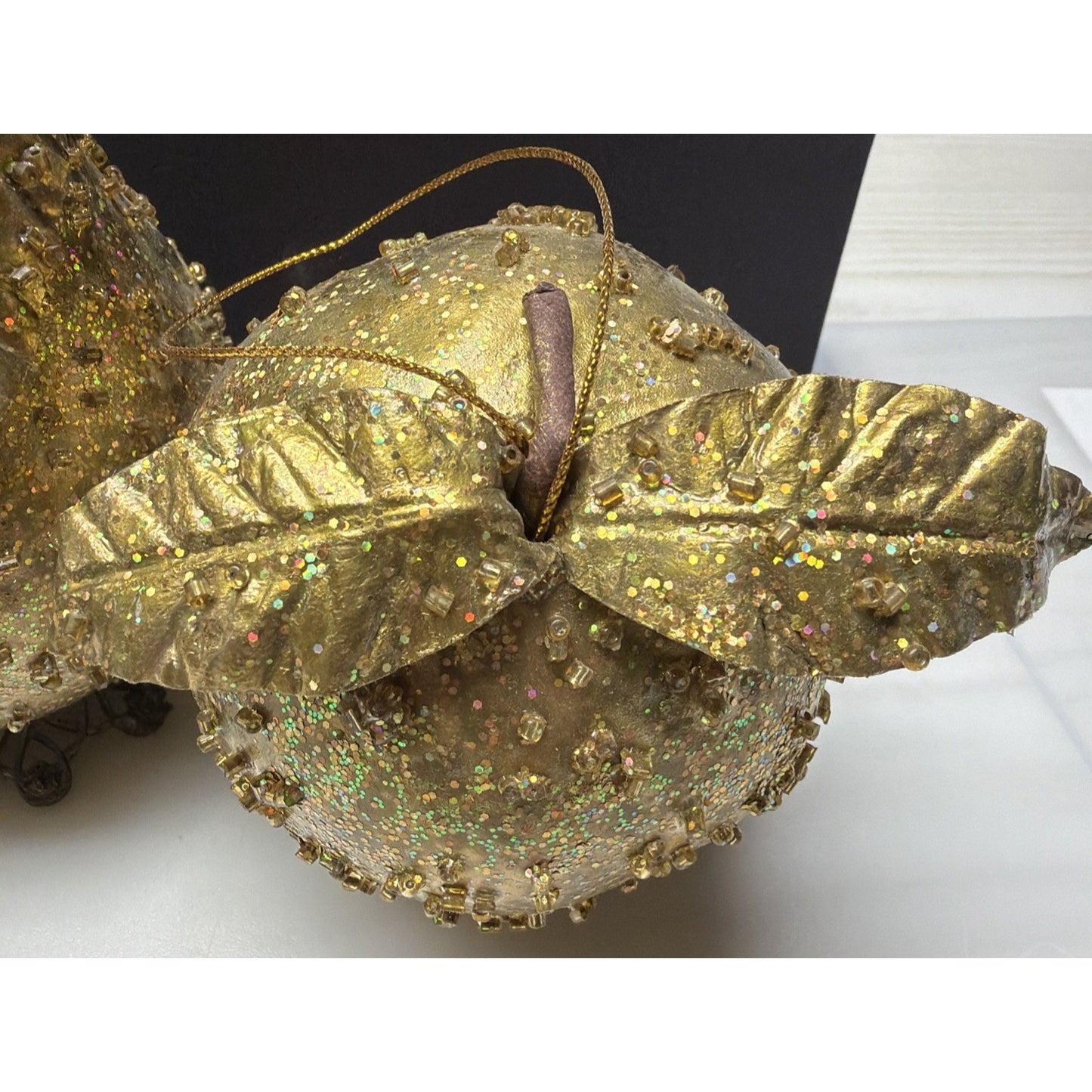 Vintage Lot of 3 Fruit Ornaments Gold Glitter Beaded Pear Pomegranate As Is