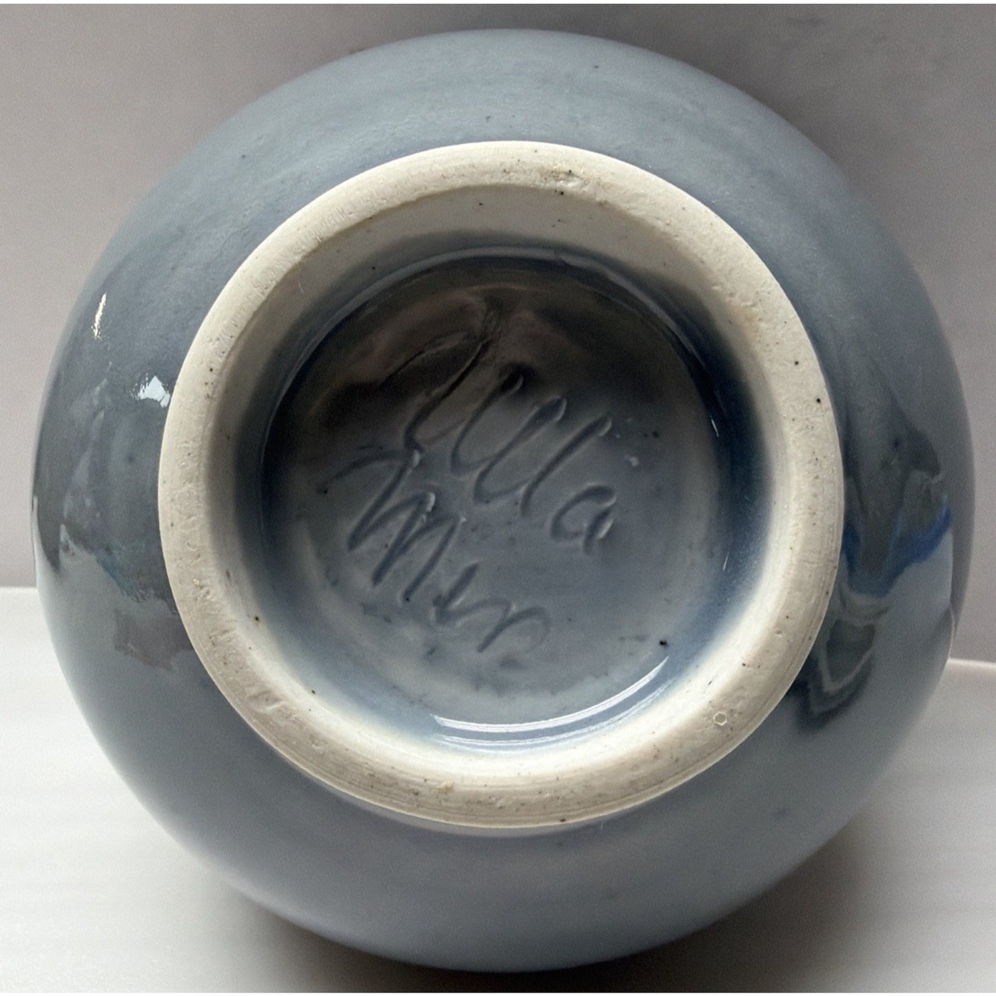 Vtg Celadon Tea Caddy Ginger Jar Embossed Chrysanthemum Blue Gray Handles Signed