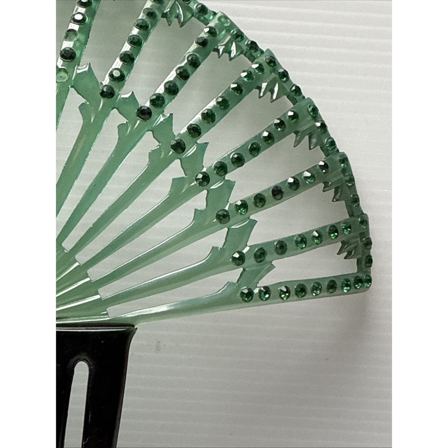 Art Deco Large Fan Shape Hair Comb Green Black Celluloid Rhinestone As-Is