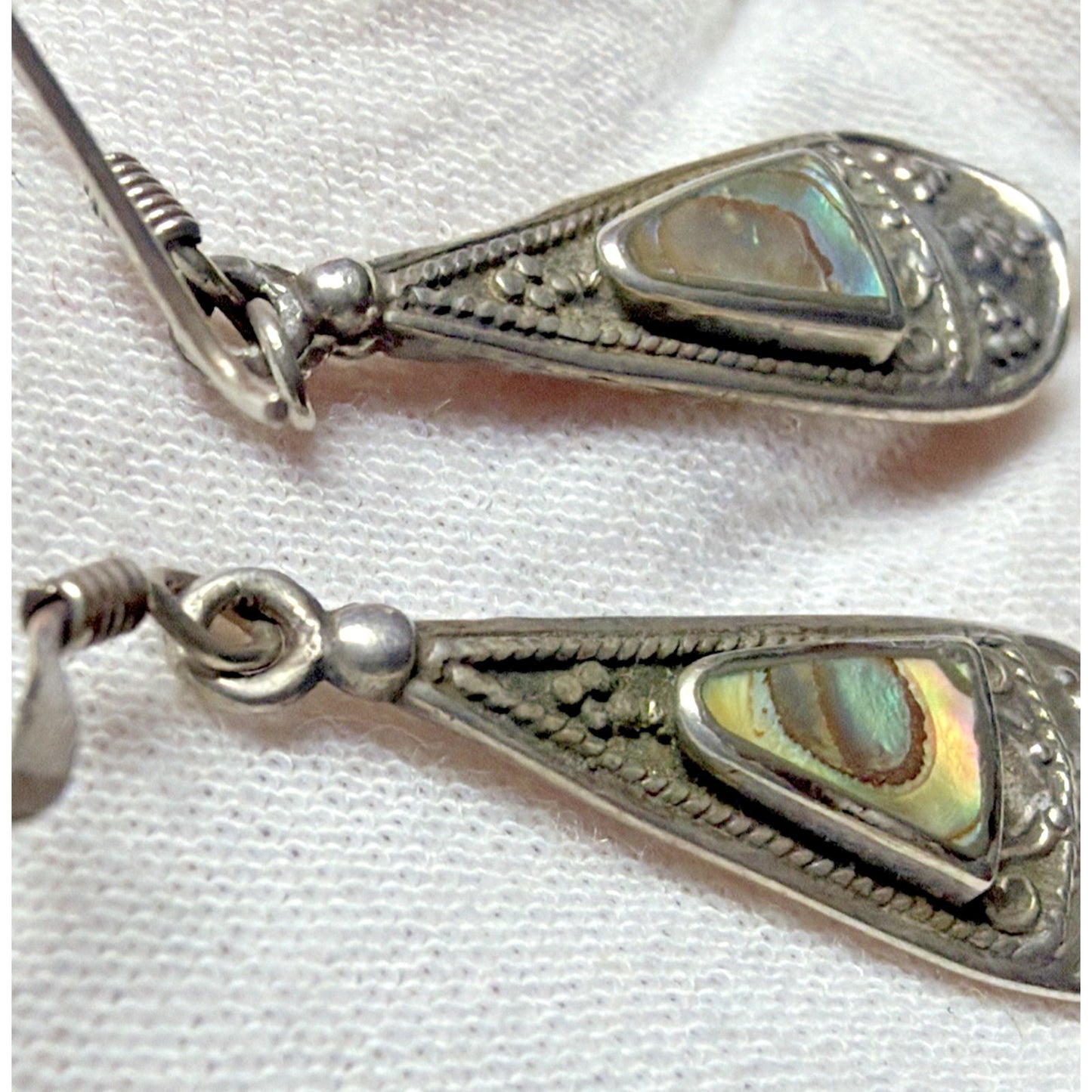 Vtg ATI Mexico Sterling Silver 925 Pierced Drop Teardrop Ornate Earrings Abalone