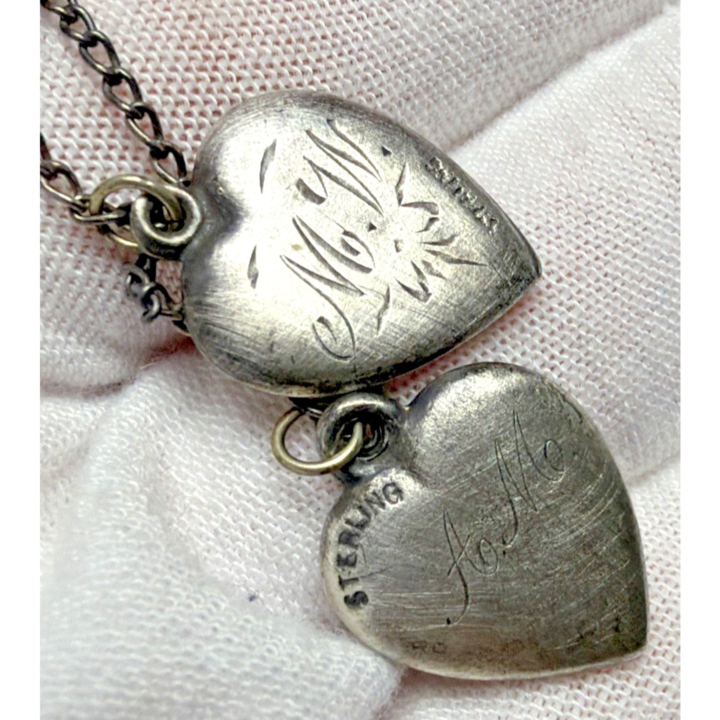 Antique Sterling Silver Puffy Heart Charms Necklace Enamel Gemstone Emboss As Is