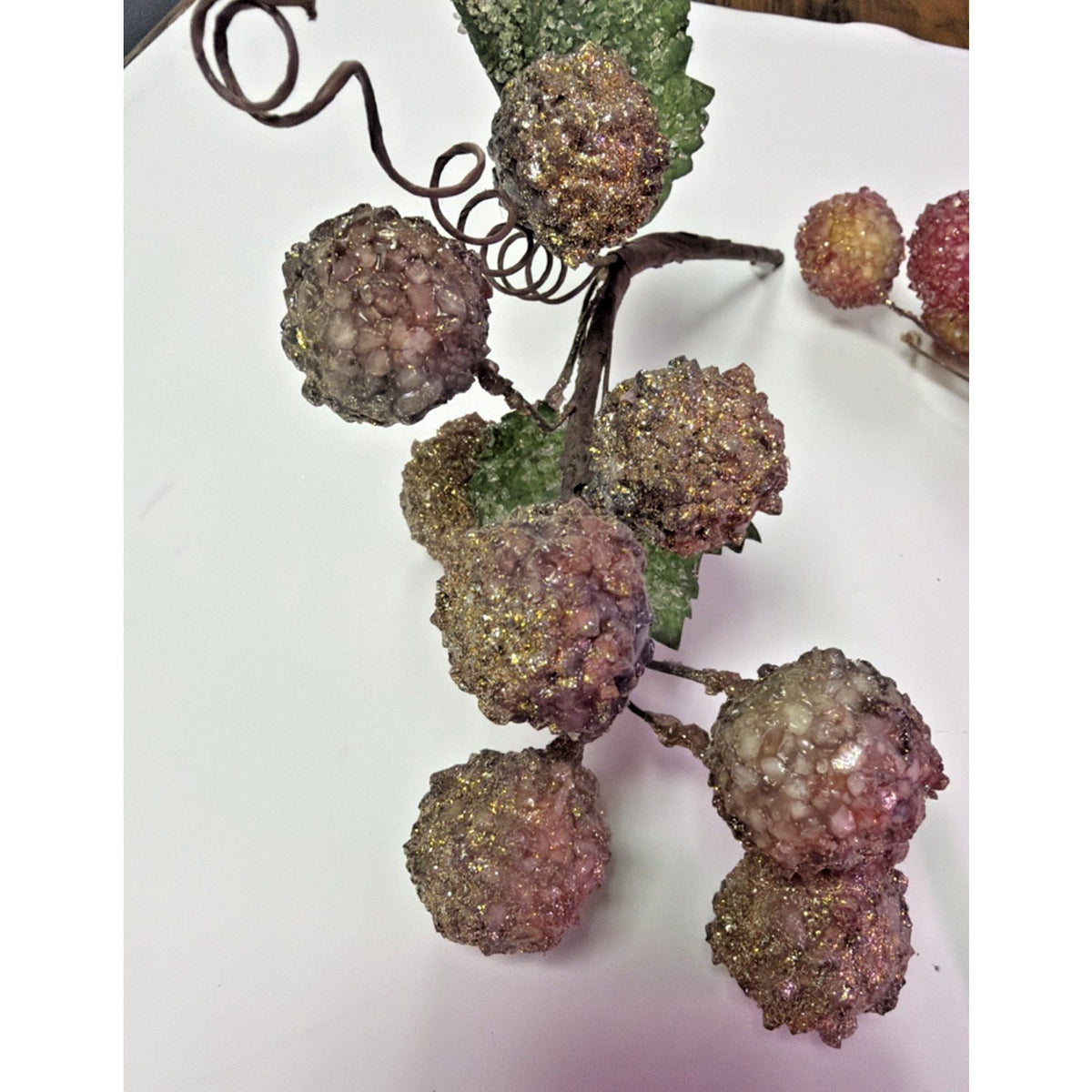 Vintage Lot of 2 Beaded Fruit Berry Grape Stem Picks Sugar Coated Leaf Bouquet