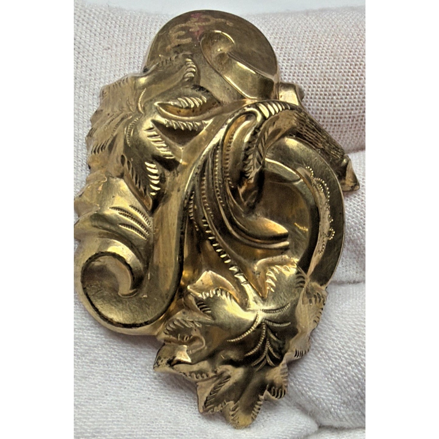 Victorian 10k GF Hollowware Brooch Puffy Repousse Floral Scroll As Is Damage
