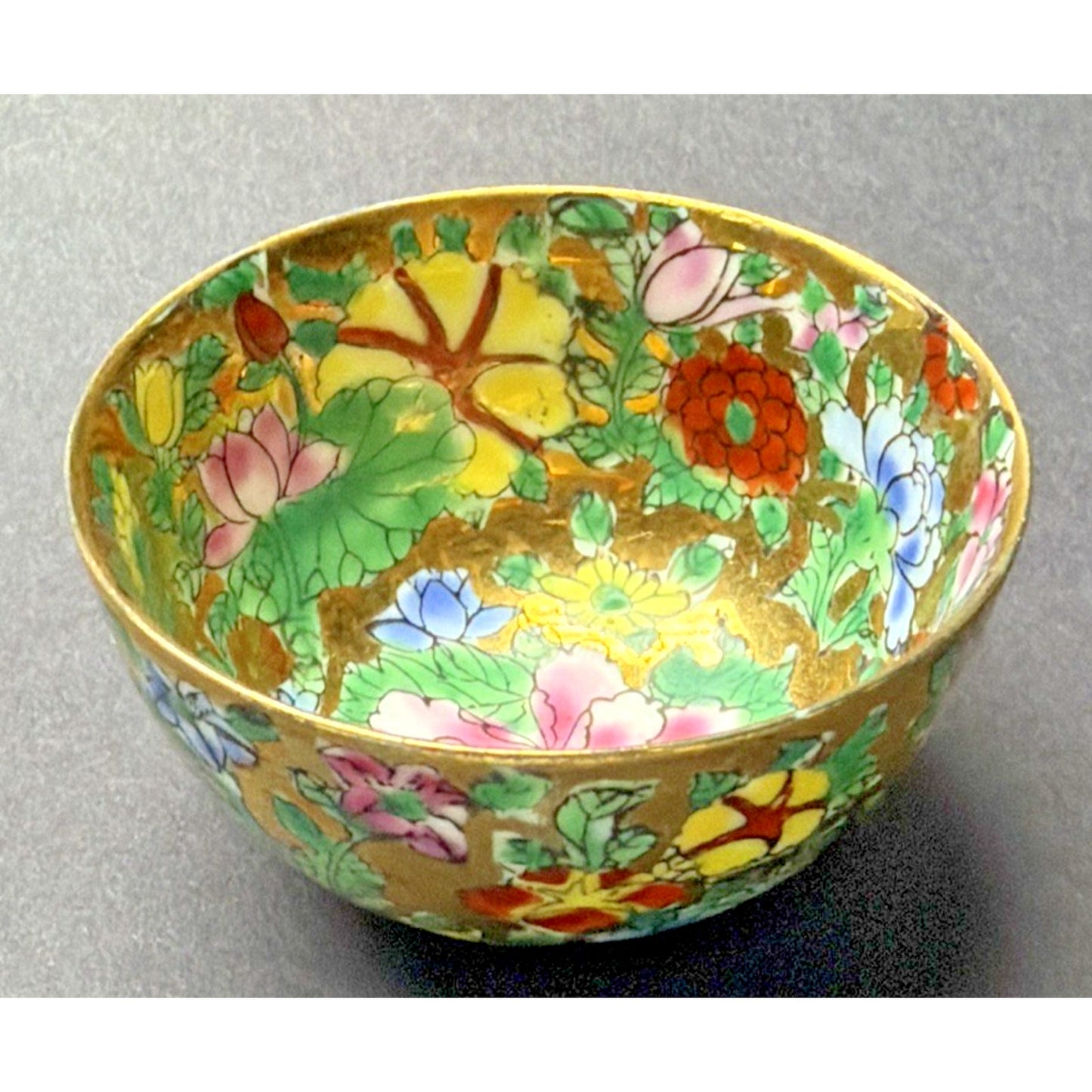Old Eggshell Porcelain Gilt Enamel Chinese Famille Rose Mille Fleurs Wine Sake