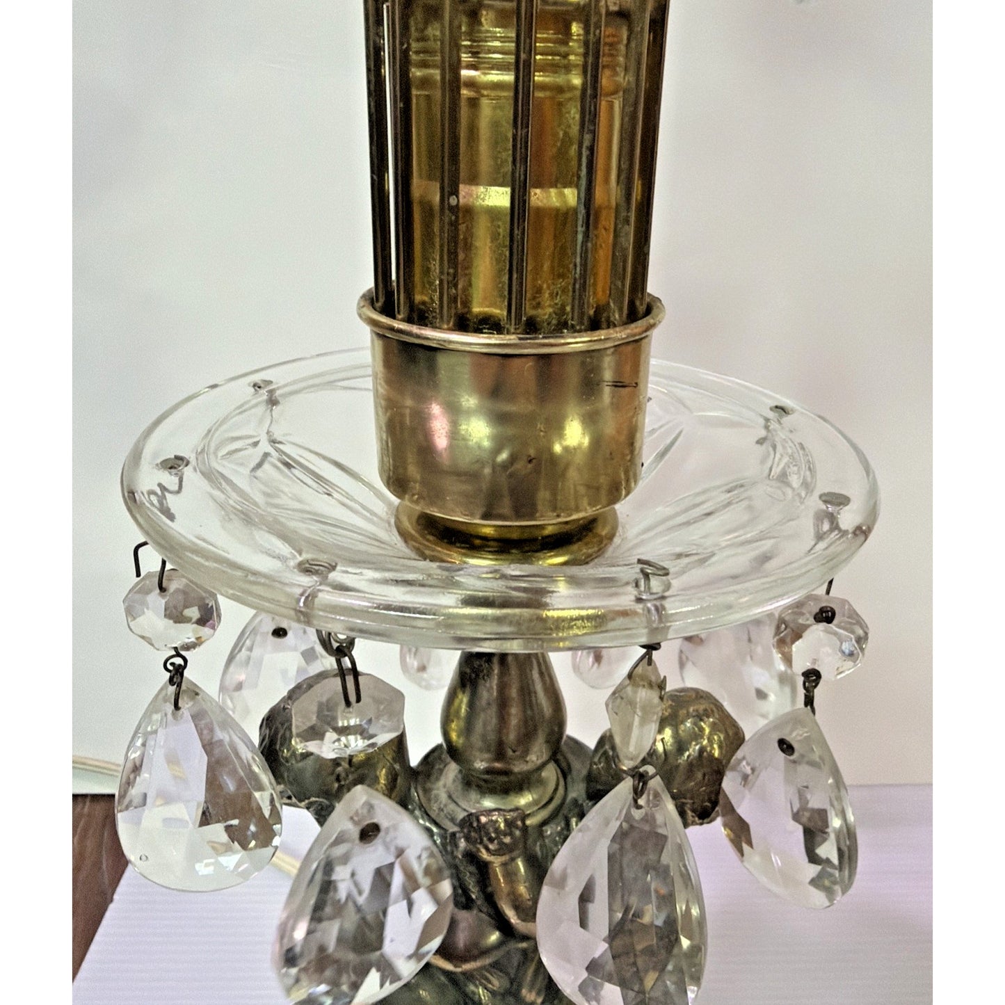 MCM Hollywood Regency Crystal Glass Brass Metal Waterfall Lamp Cherubs As Is