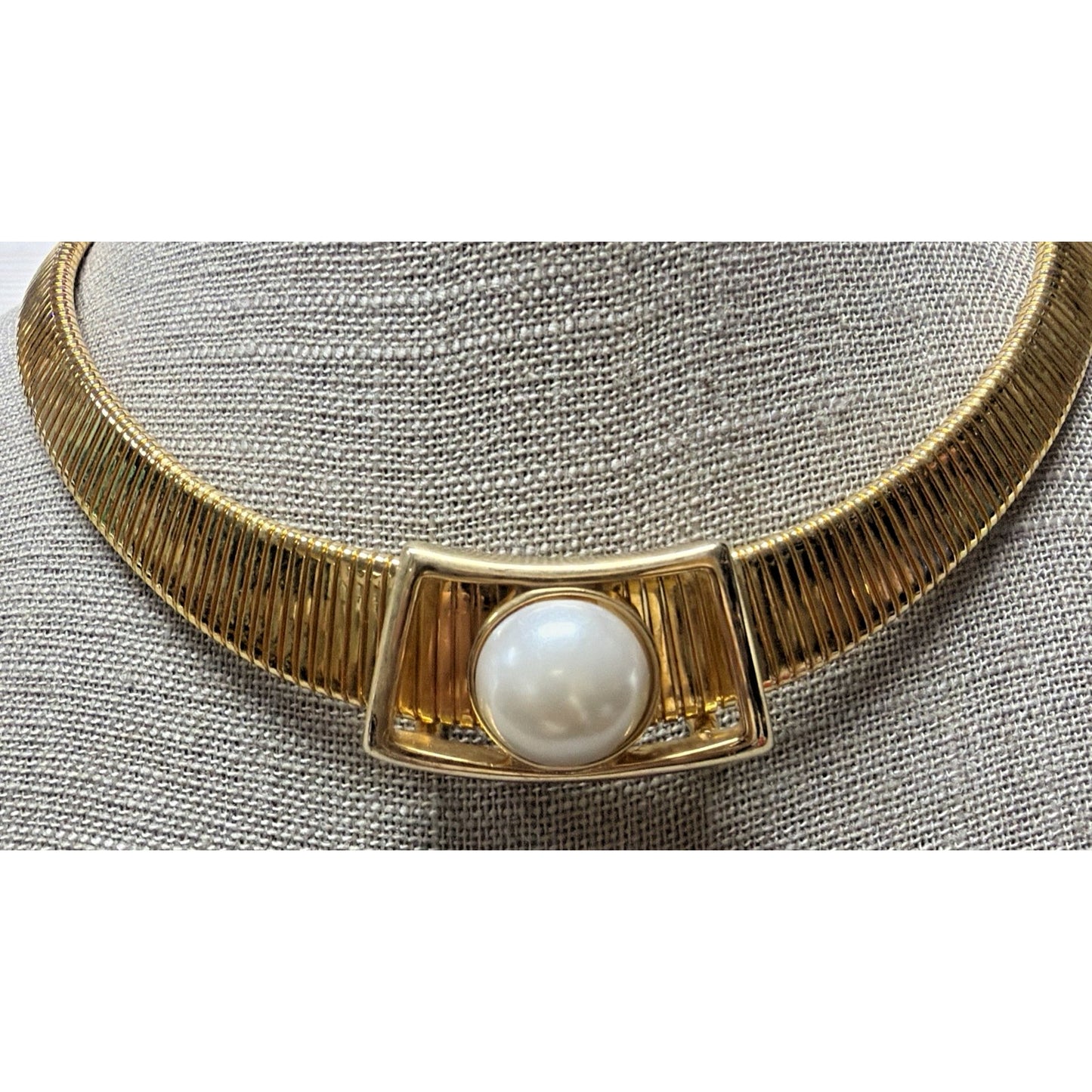 Vtg Park Lane Deco Inspired Collar Necklace Faux Pearl Slider Gold Tone Omega