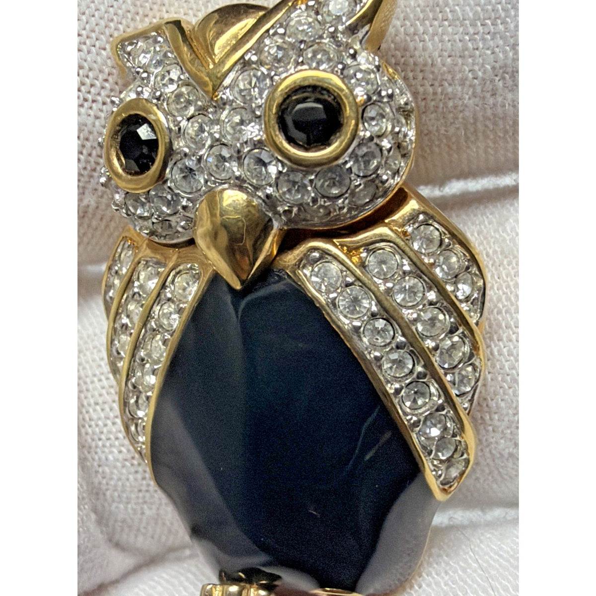 Vtg Swarovski SAL Pave Crystal Black Cabochon Enamel Owl Brooch Bird Pin As Is