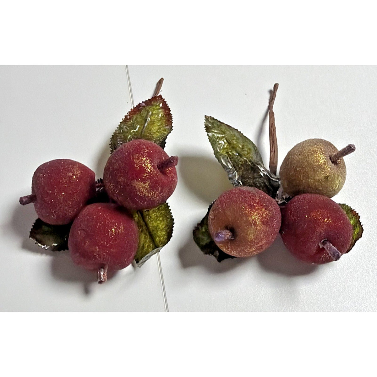 Lot of 2 Vtg Sugar Beaded Sugar Fruit Picks Apple Berries Frosted Stems Leaves