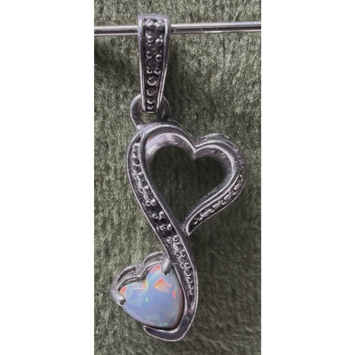 Vintage LA 925 Sterling Silver Double Heart Pendant Opal Diamond Chip