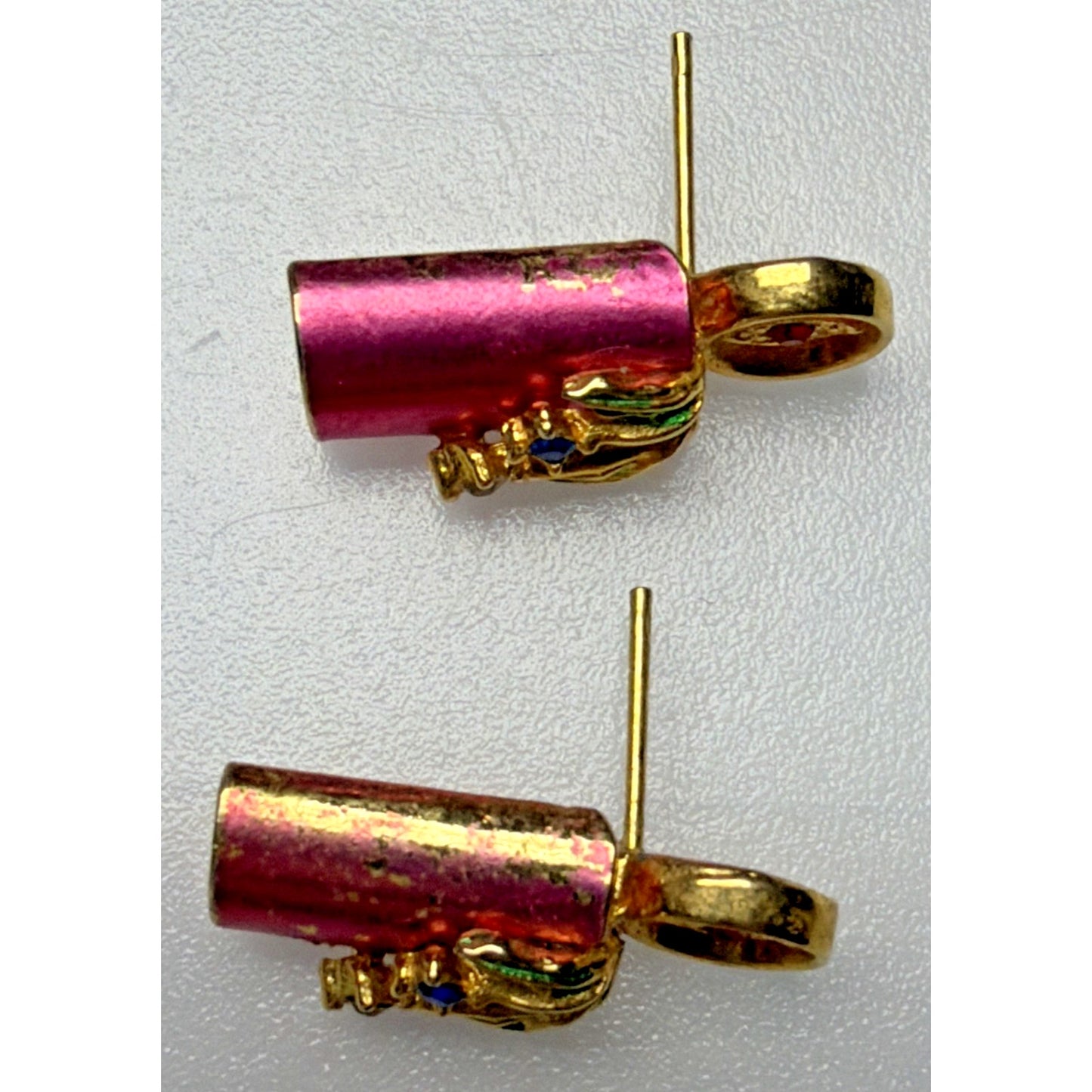 Vintage Enamel Rhinestone Candlestick Candle Earrings Pink Gold Tone