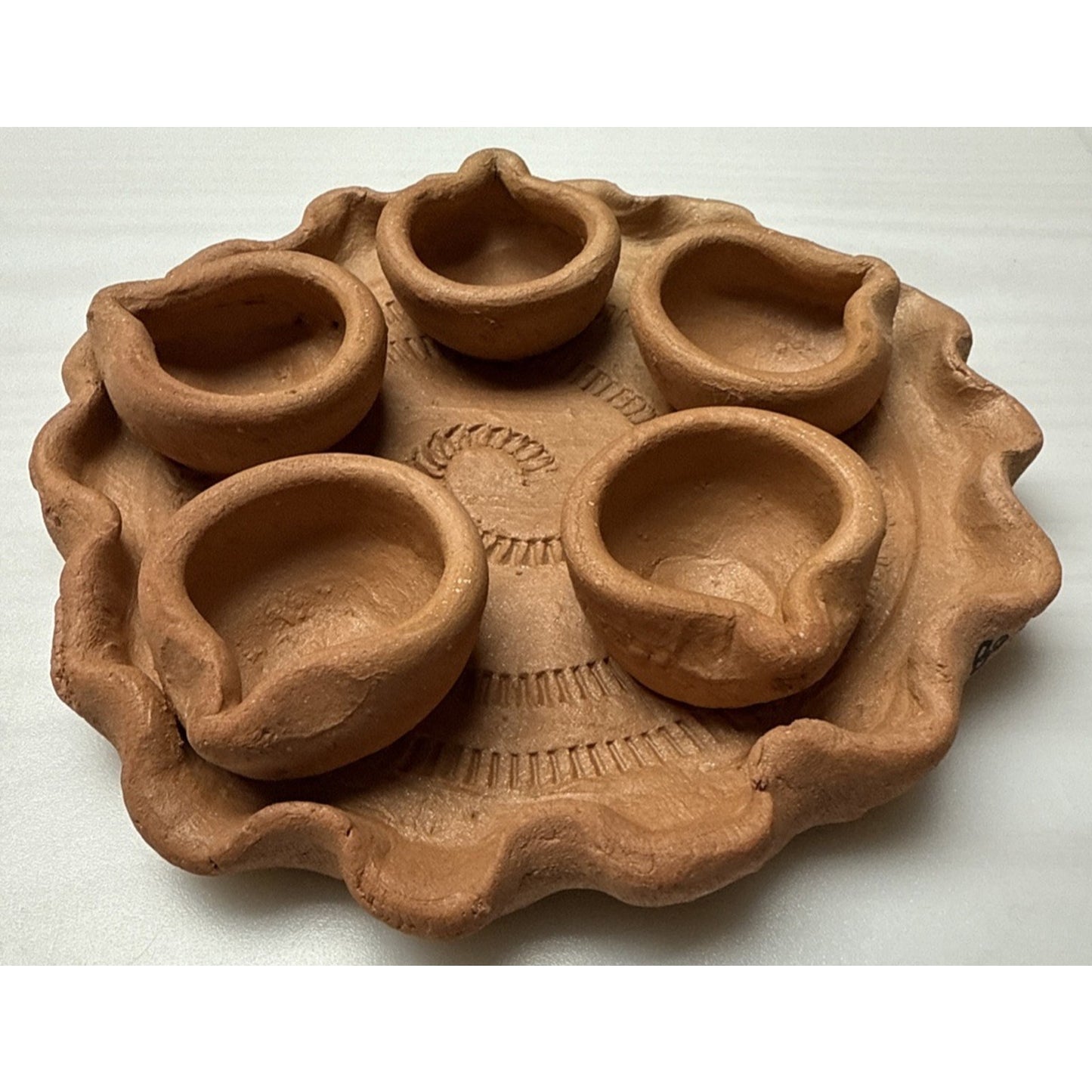 Clay Pot Diwali Oil Prayer Lamp Mitti Diya Plate Five Candle As Is