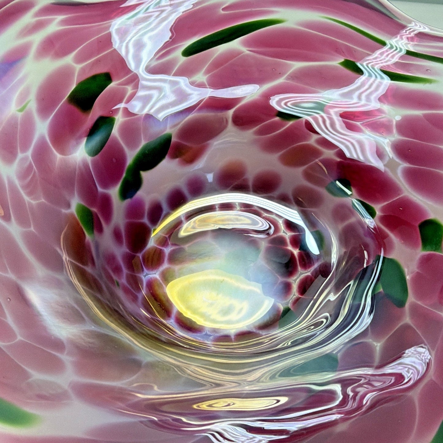 Vintage Blown Glass Bowl Iridescent Mottled Green Cranberry Purple Gold