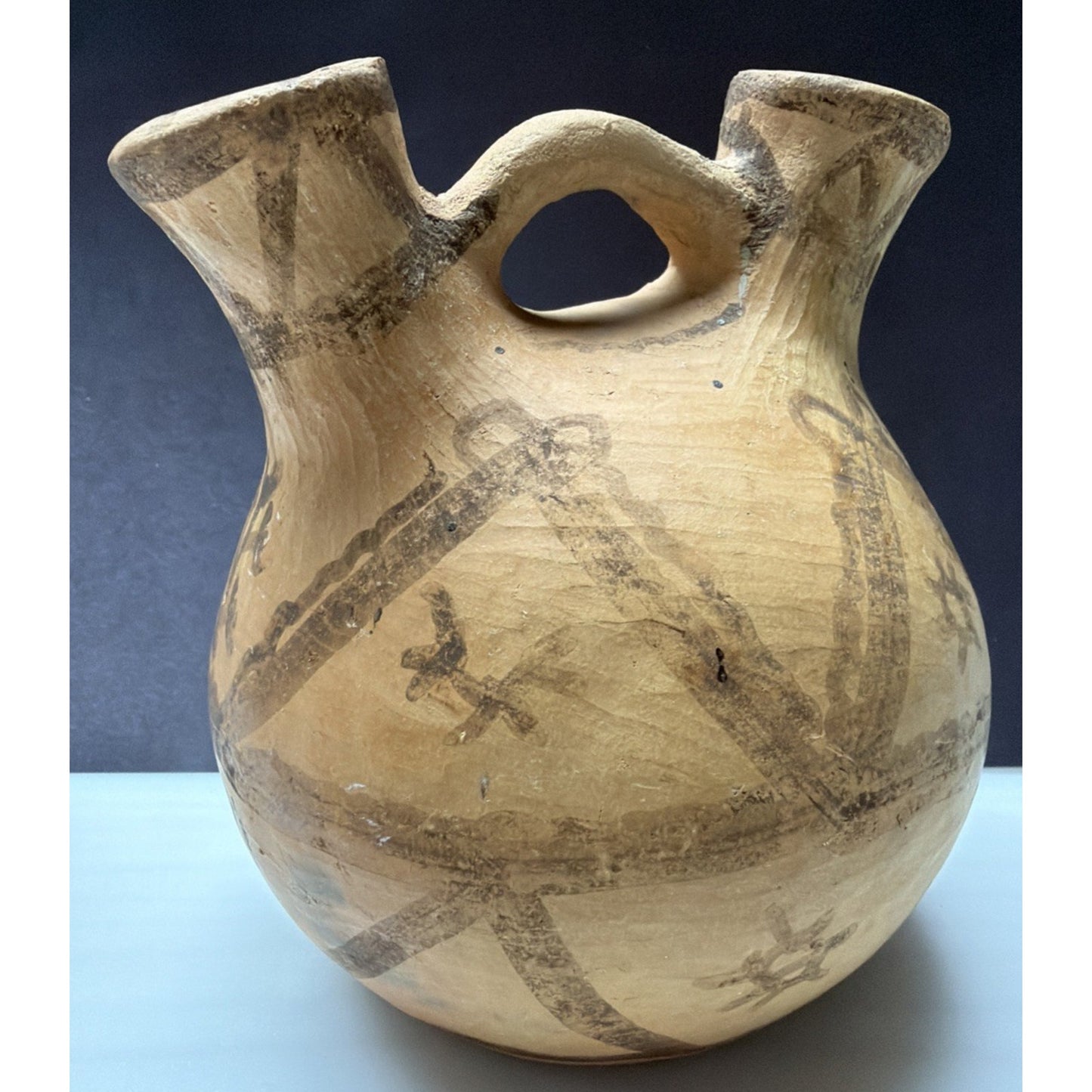 Old Berber Moroccan Pottery Vessel Double Spout Jug Hand Drawn Painted As Is