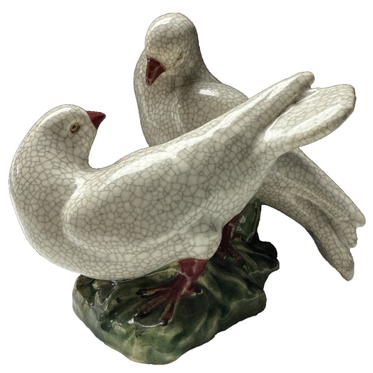 Vintage Chinese Crackle Glazed Majolica Pottery Doves Love Birds Sculpture