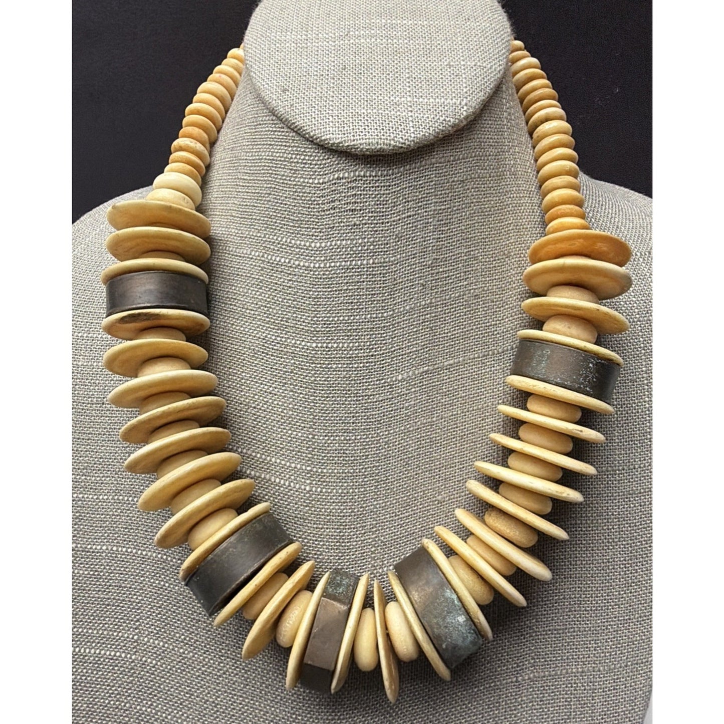 Old Ethnic Native Carved Bovine Camel Bone Brass Bronze Chunky Necklace Disc