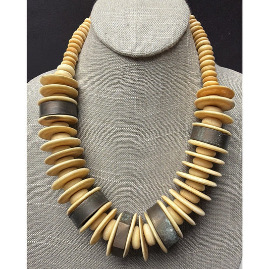 Old Ethnic Native Carved Bovine Camel Bone Brass Bronze Chunky Necklace Disc