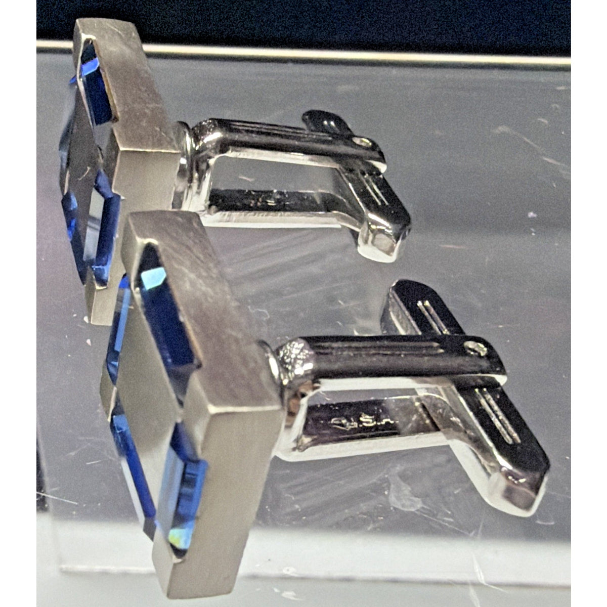 Vintage Hickok Blue Baguette Glass Cufflinks Silver Tone Geometric Modernist Box