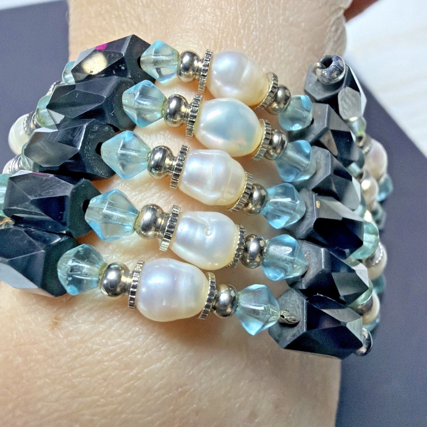 Vintage Layered Beaded Hematite Magnetic Necklace Bracelet Pearl Blue Crystal