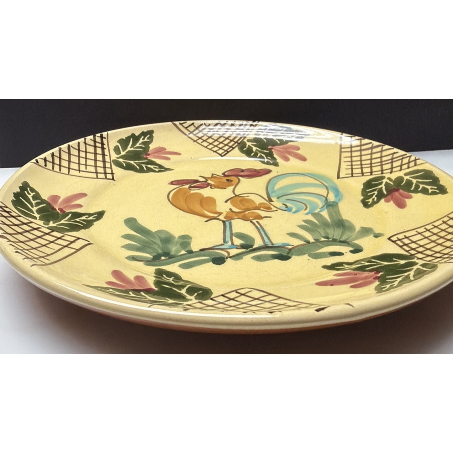 Vtg Lamas Pottery Italy Ceramic Rooster Hen Plate Floral Grid Design Farmhouse