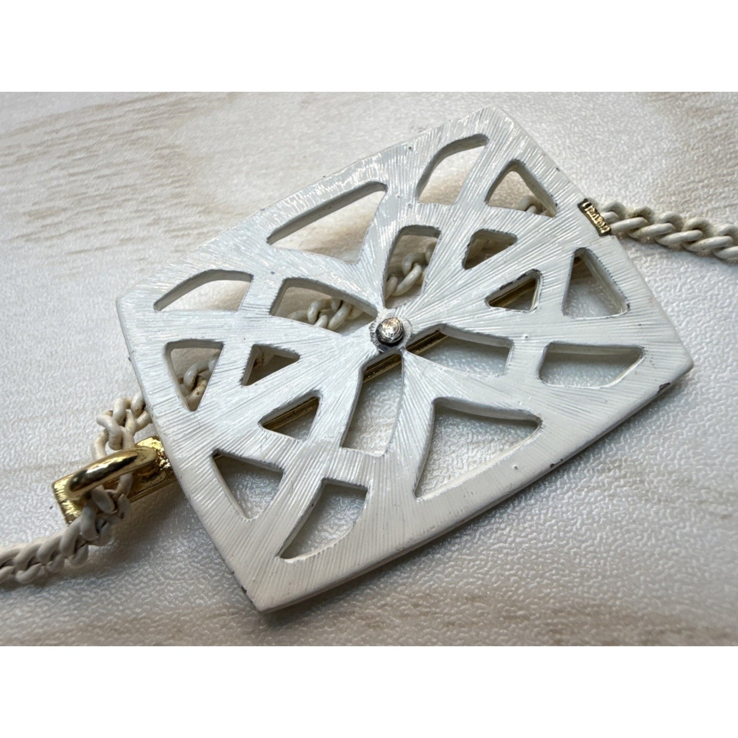 Vintage Crown Trifari Modernist White Enamel Necklace Pendant Gold Geometric