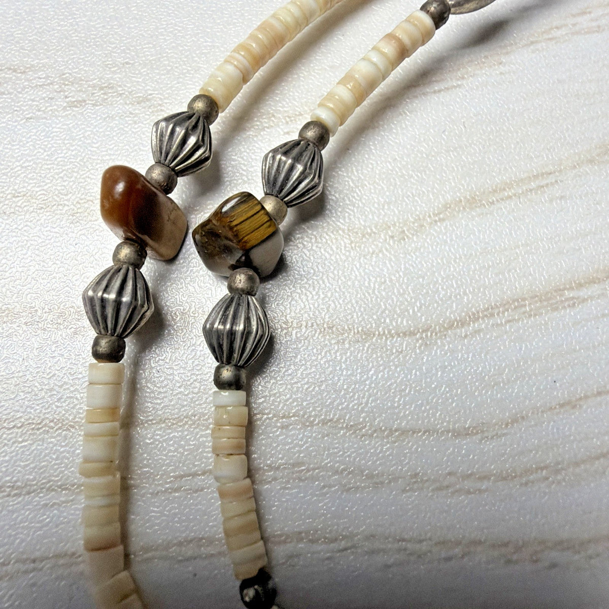 Vtg Liquid Silver Heishi Bead Tigers Eye Stone Necklace Sterling Southwestern