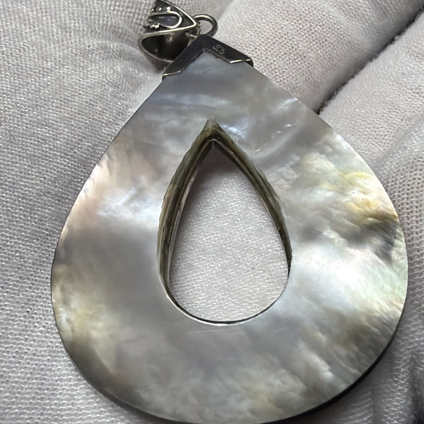 Sterling Silver Abalone MOP Teardrop Pendant Ornate Filigree Bali Style As Is