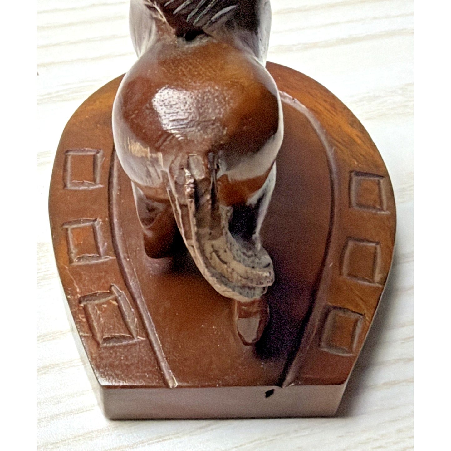 Vintage SC Vizcarra Wood Carving Horse Stallion Sculpture Horseshoe Paperweight