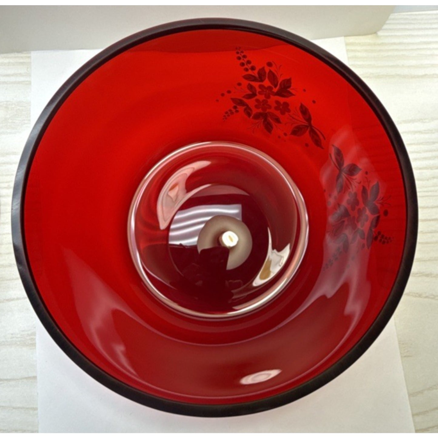 Vintage Czech Bohemian Ruby Red Crystal Hand Painted Enamel Bowl Flowers Gold