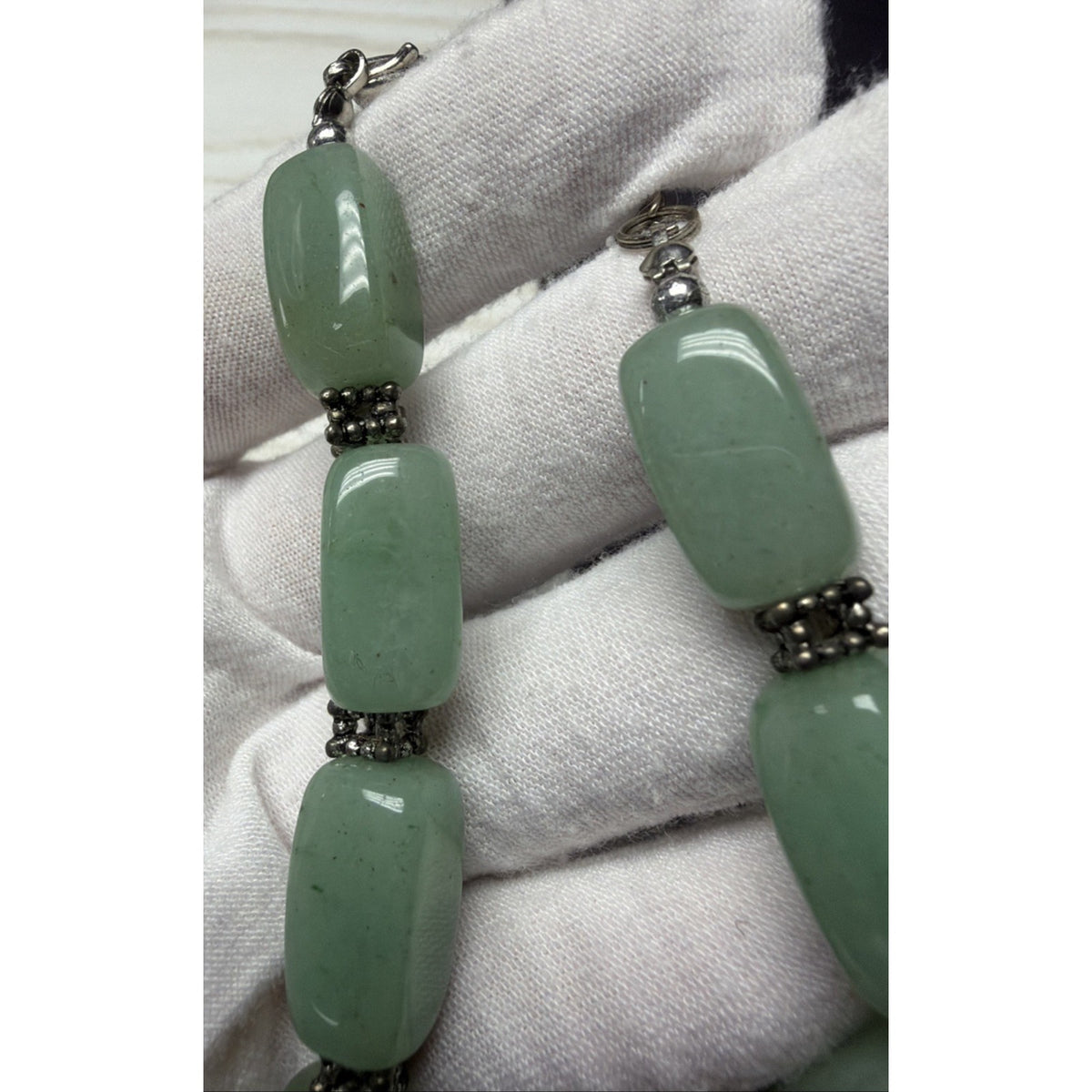 Jade Jadite Tumbler Beaded Silver Tone Necklace Green Choker Statement Chunky