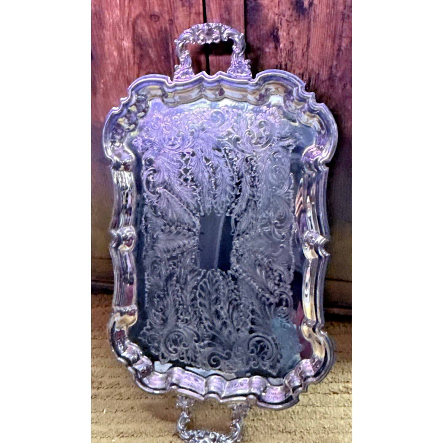 Vtg Silverplate Footed Serving Tray Butler Handles Ornate Engraved Rococo 23.5"