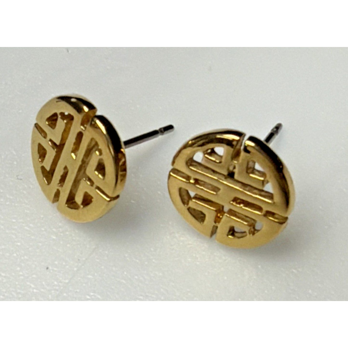 Vtg Crown Trifari Gold Plated Asian Inspired Round Earrings Longevity Post Stud