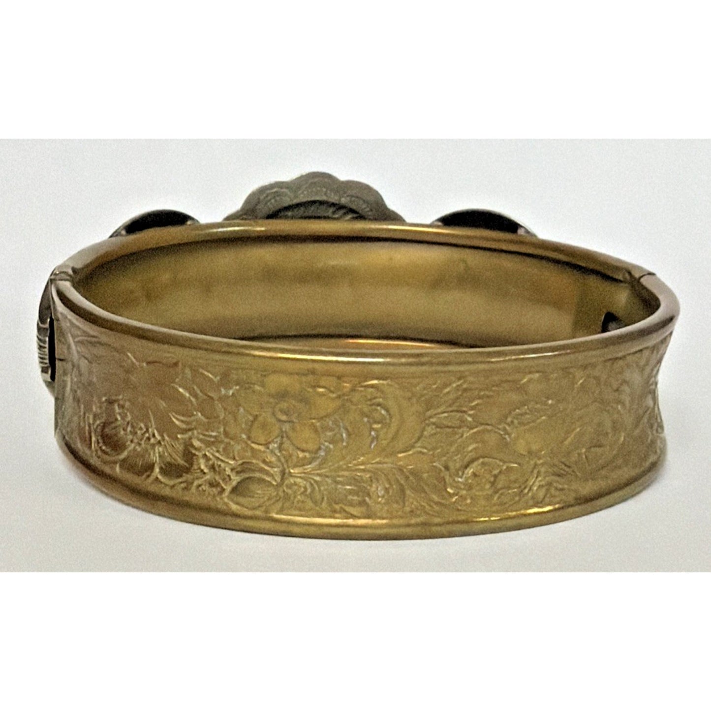 Victorian Brass Hinged Embossed Cuff Bracelet Mixed Metal Concho Western As Is