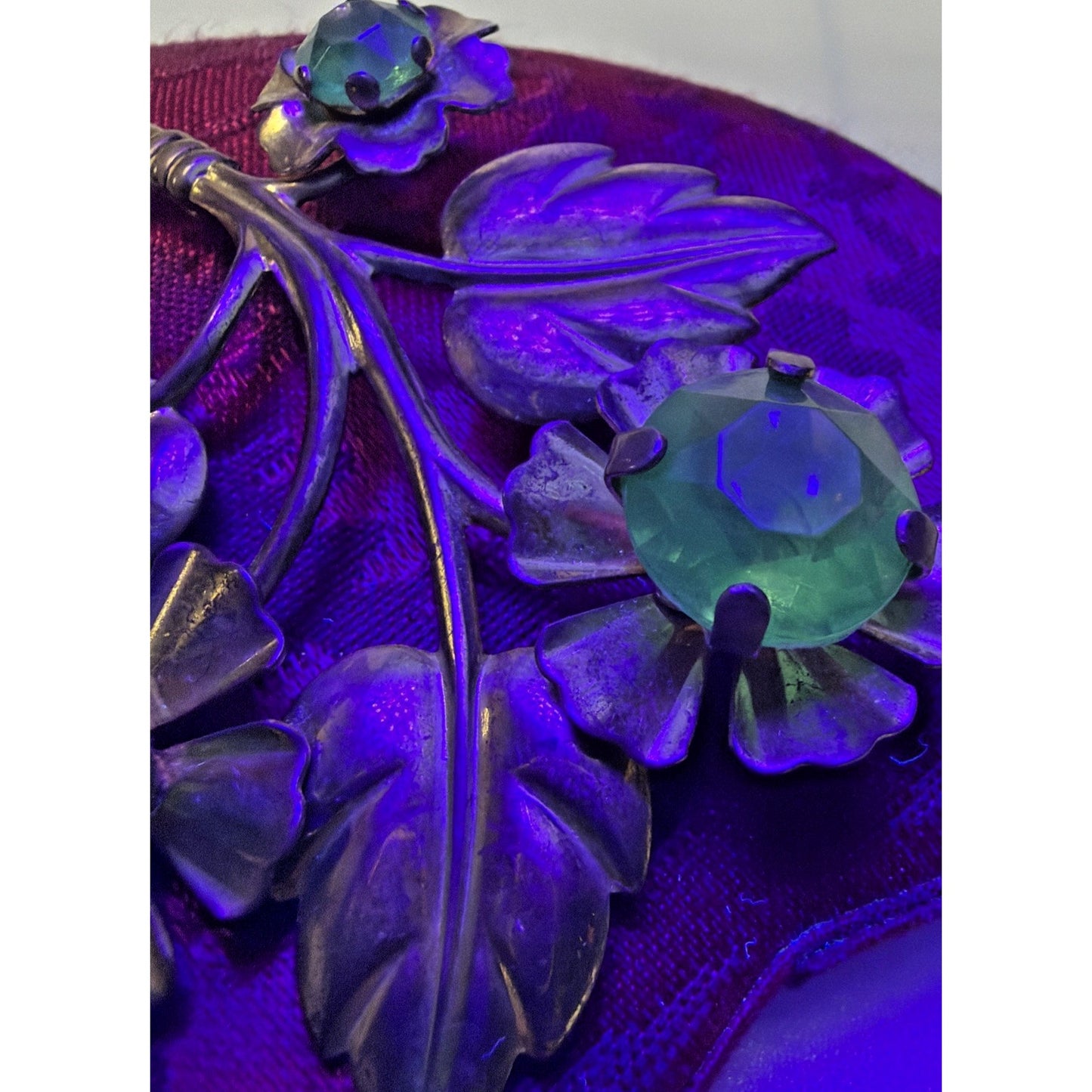 Vintage Large Gold Tone Floral Sprig Spray Brooch Pin Green Rhinestones