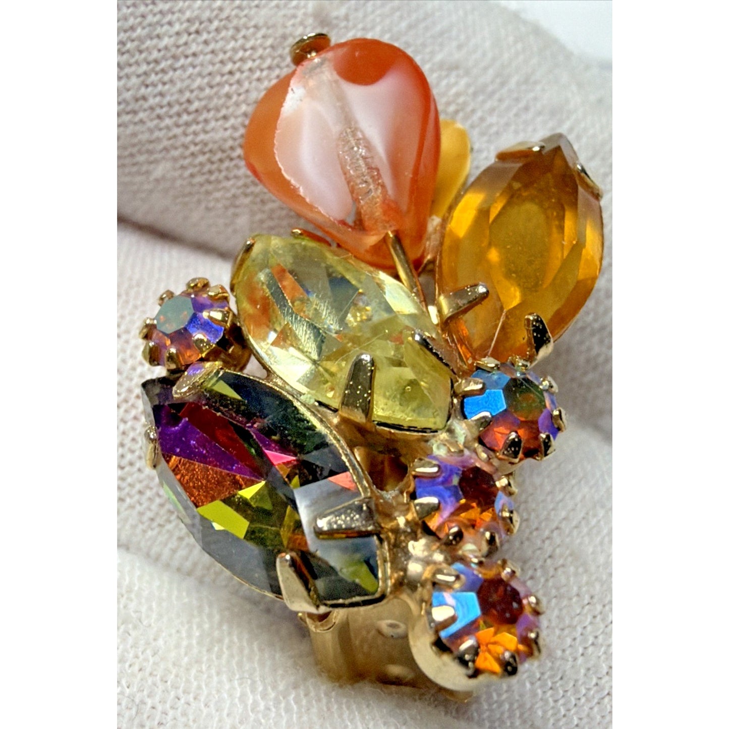 Juliana Yellow Amber Topaz Rhinestone Art Glass Window Bead Givre Clip Earrings