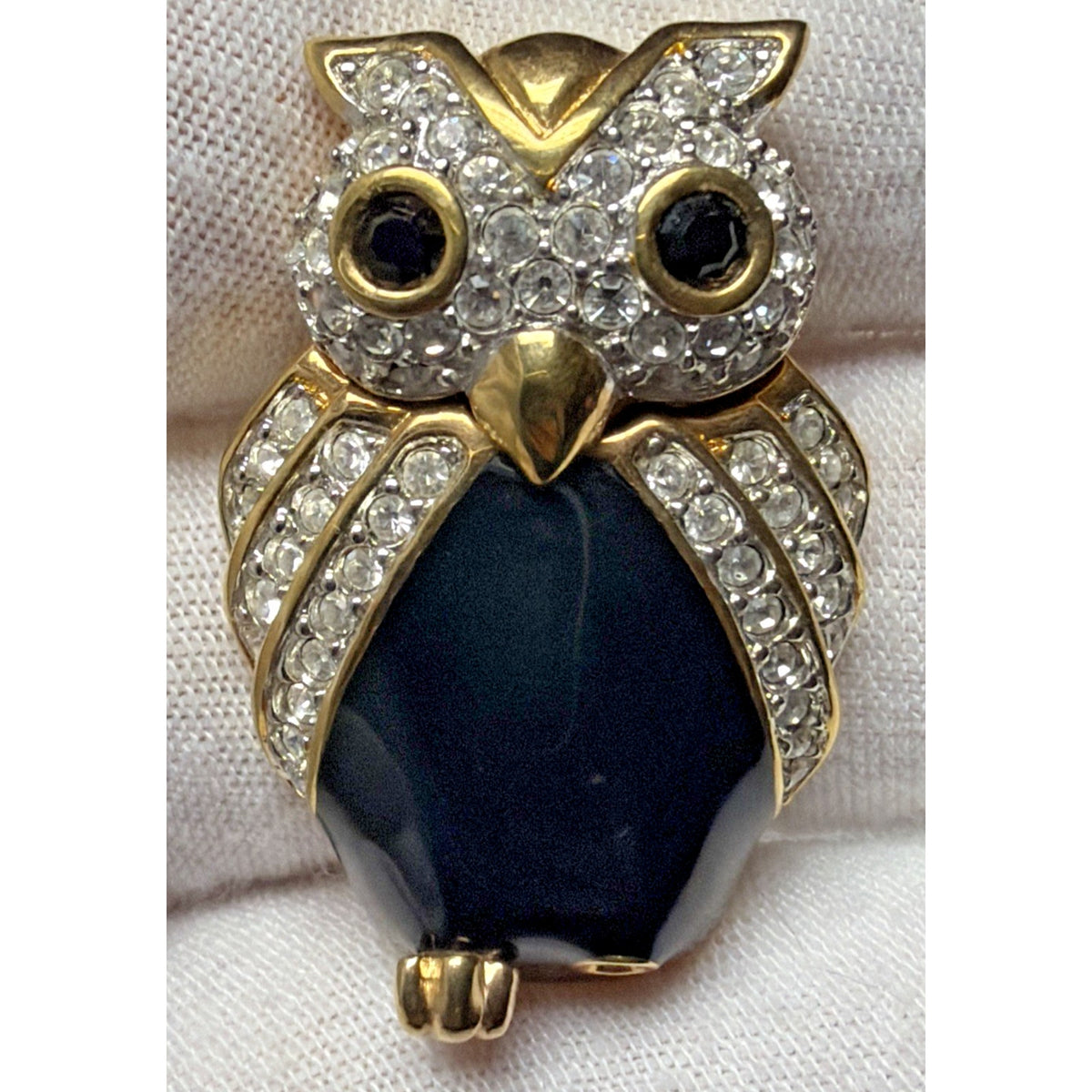 Vtg Swarovski SAL Pave Crystal Black Cabochon Enamel Owl Brooch Bird Pin As Is