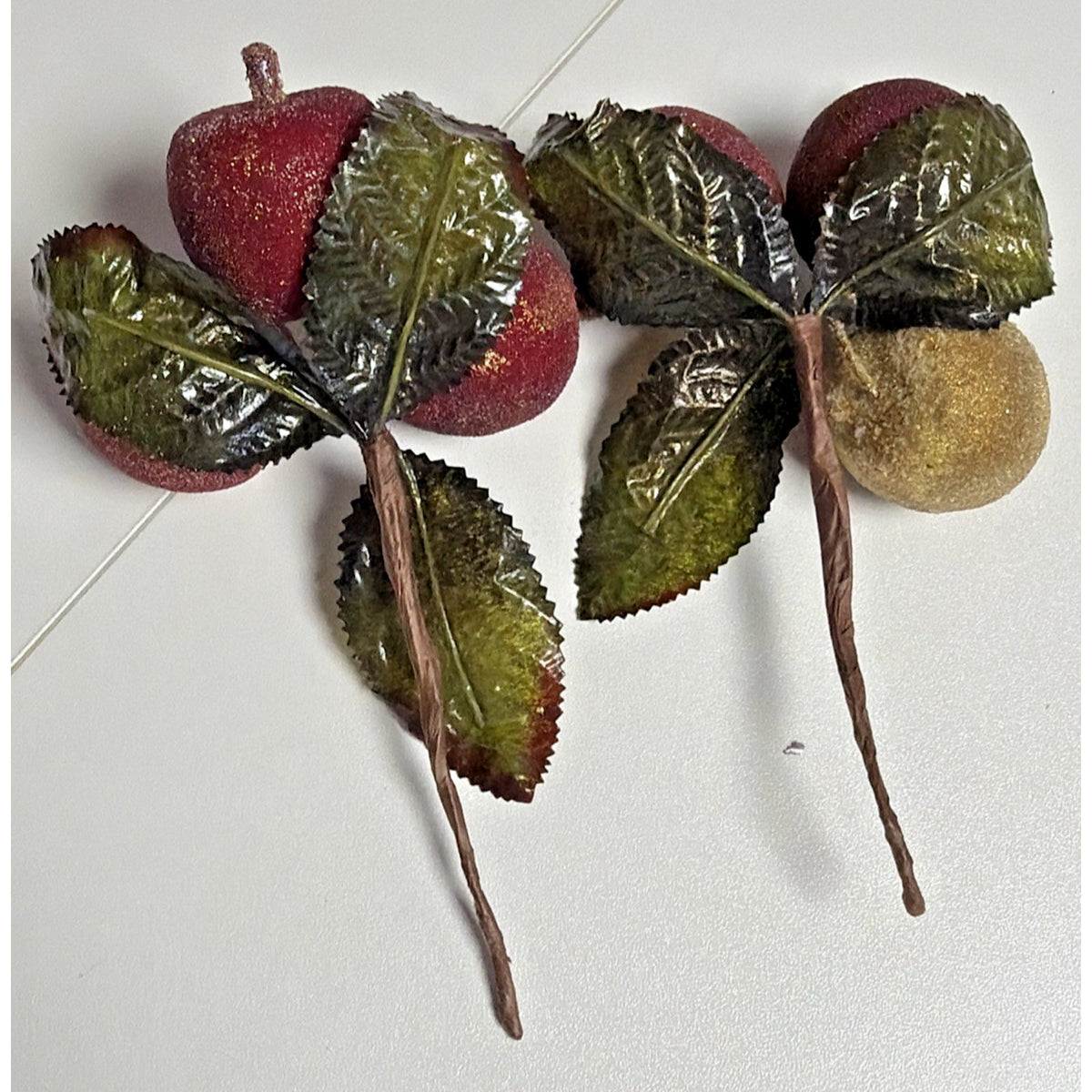 Lot of 2 Vtg Sugar Beaded Sugar Fruit Picks Apple Berries Frosted Stems Leaves