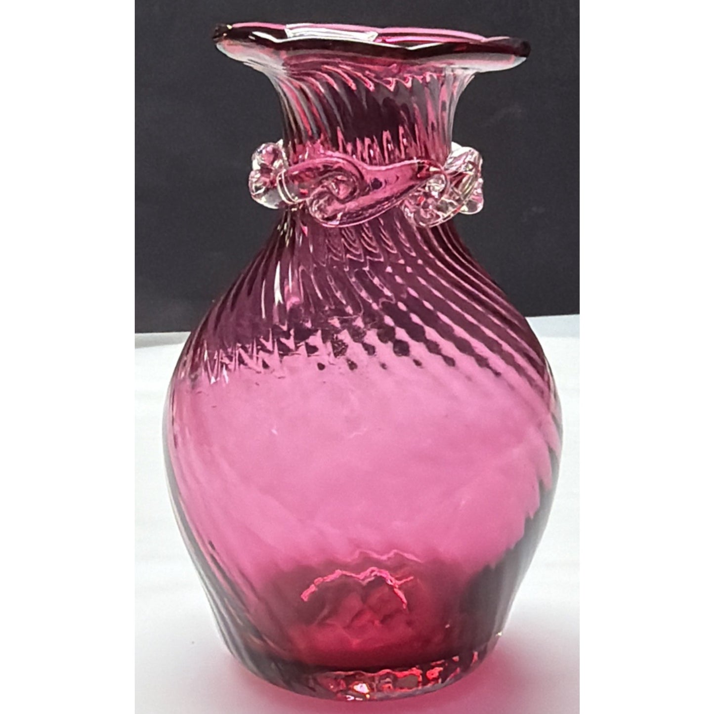 Vintage Pilgrim Art Glass Cranberry Optic Swirl Vase Ruffle Top Clear Filigree