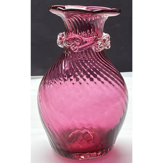 Vintage Pilgrim Art Glass Cranberry Optic Swirl Vase Ruffle Top Clear Filigree