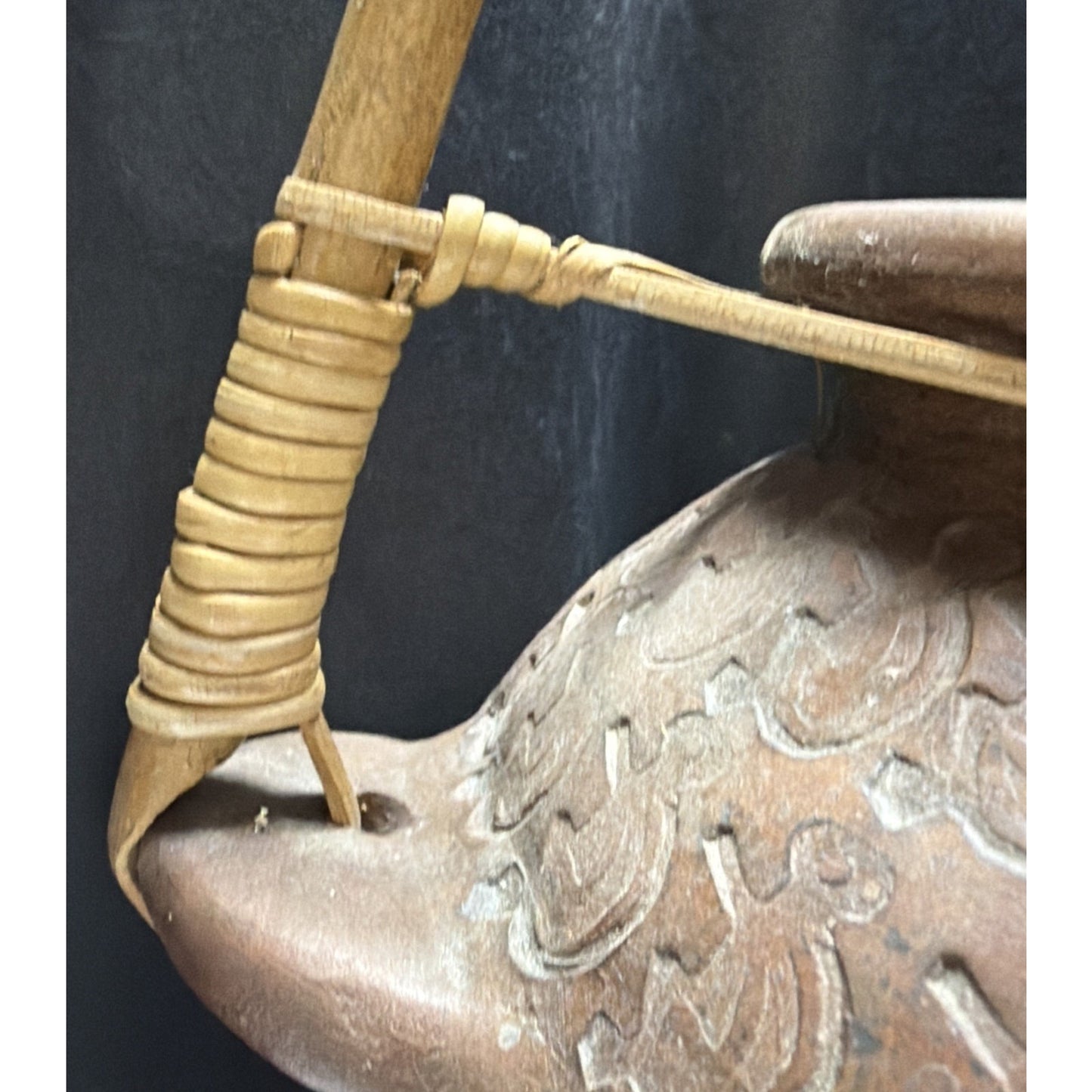 Chinese Asian Earthenware Pot Jar Vessel Bamboo Handle Impressed Symbols As Is