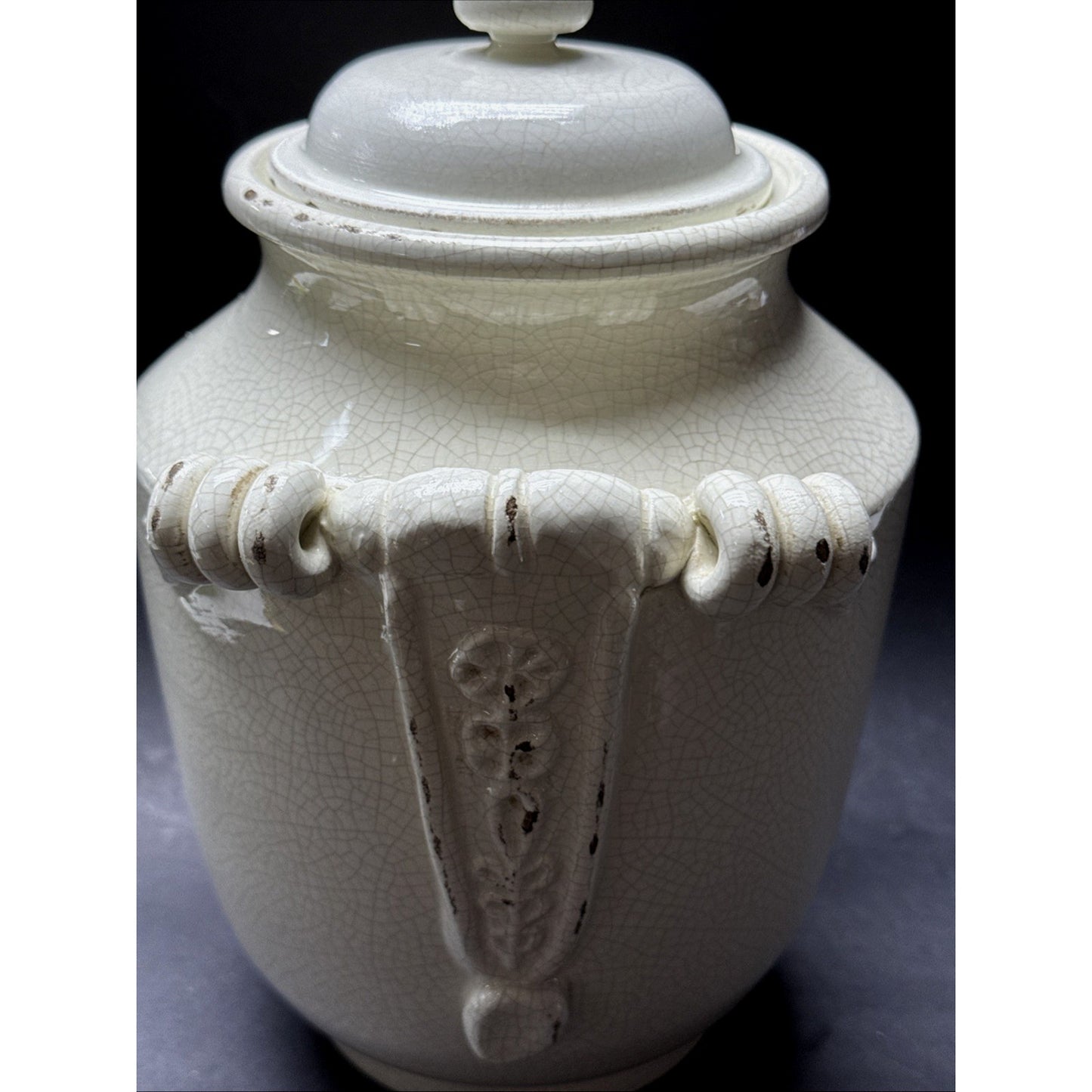 Vintage Leona Lavorato A Mano Italy Crackle Glaze Cream Canister Jar 9.25" As-Is
