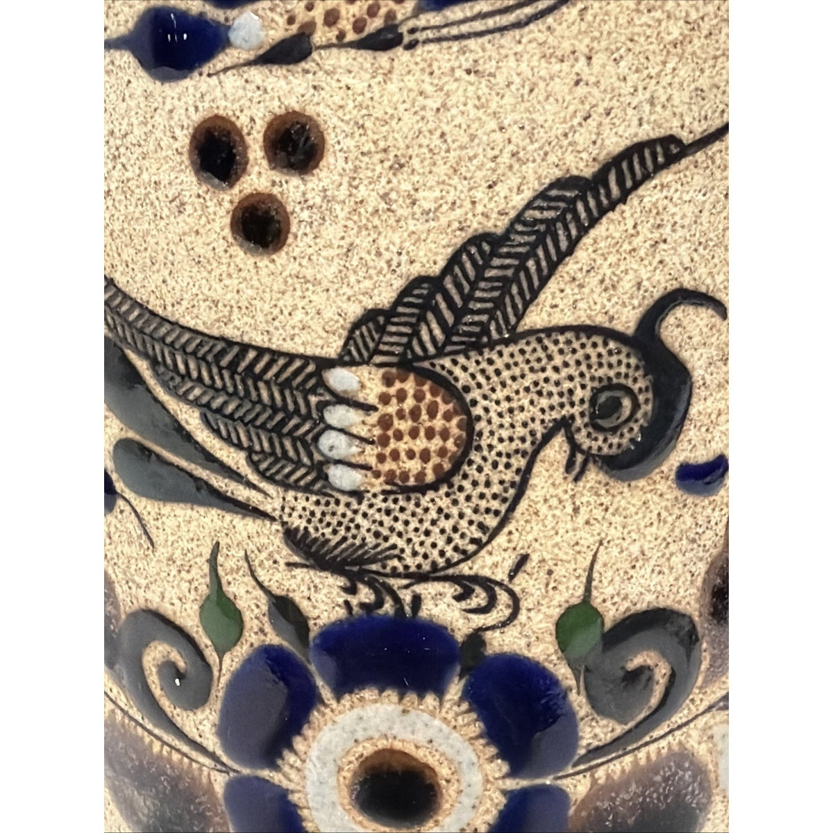 Vintage Tonala Folk Art Netzi Mexican Pottery Sandstone Vase Bird Flower Signed