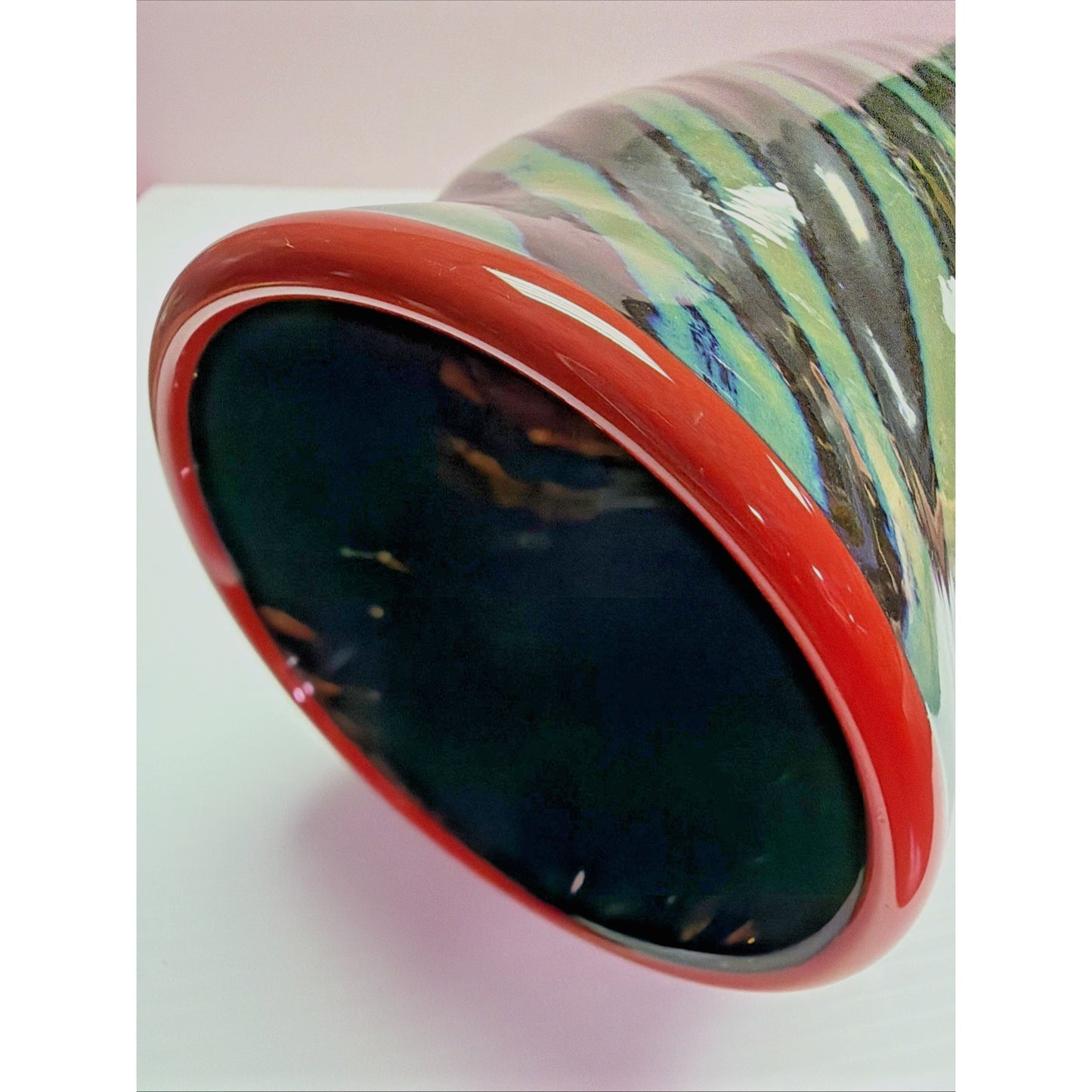 Jon Bush Iridescent Art Glass Vase Black Green Spiral Abstract Red Lip Signed