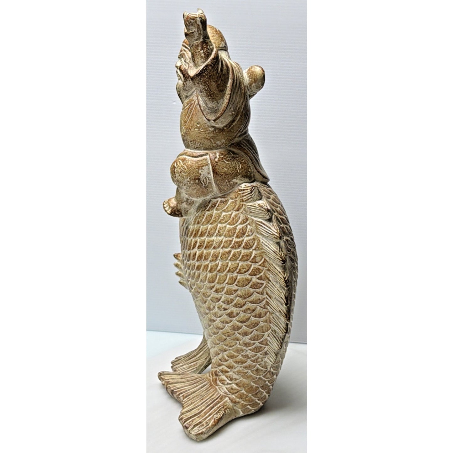 Vtg Designer Repros LA Carved Koi Fish Buddha Fishing Happy Asian Inspired As Is