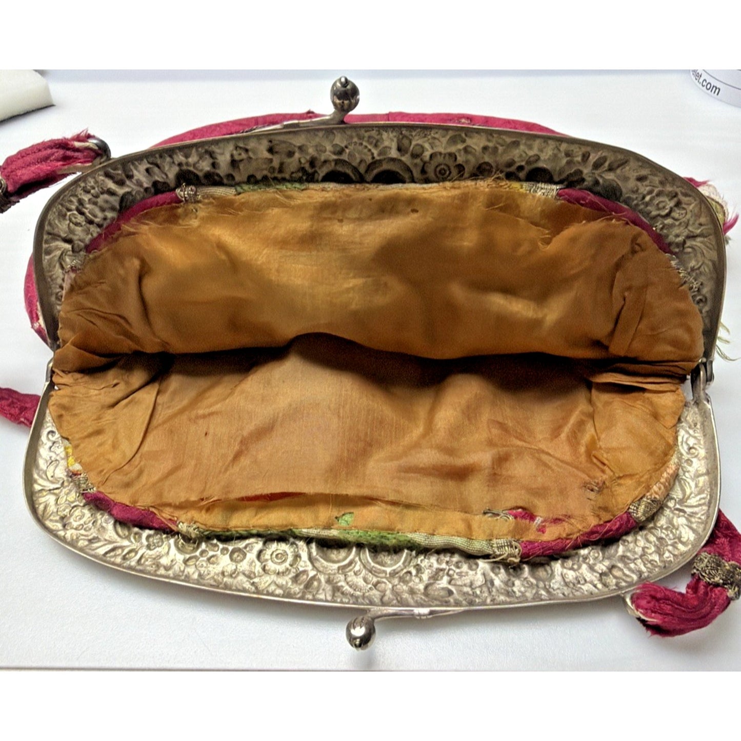 Antique Repousse Metal Frame Tapestry Needlepoint Evening Bag Silk Lined As Is