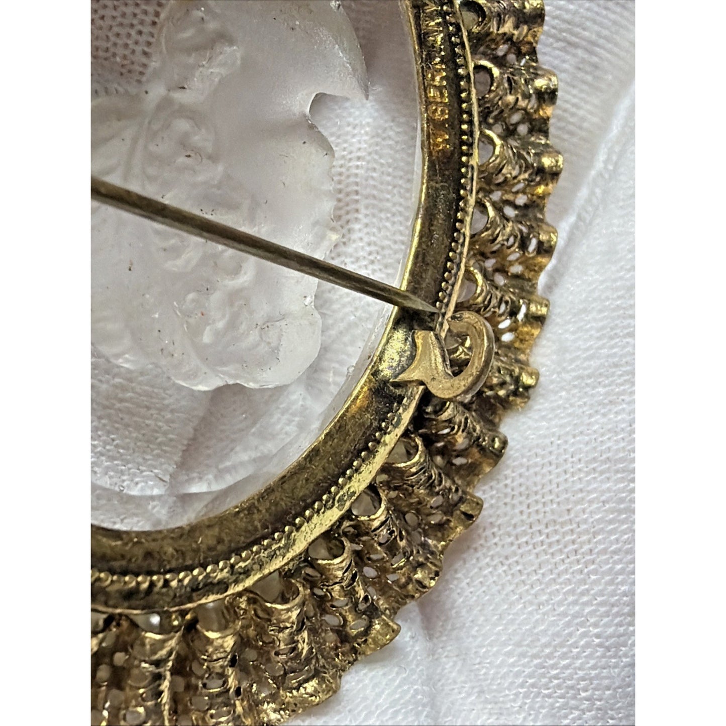 West Germany Intaglio Victorian Cameo Faceted Brooch Filigree Mini Faux Pearls