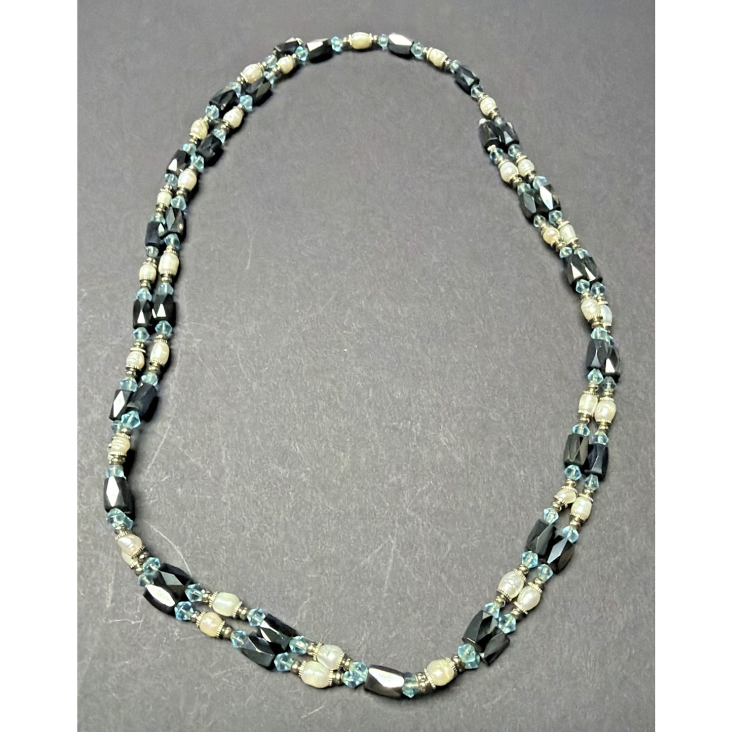 Vintage Layered Beaded Hematite Magnetic Necklace Bracelet Pearl Blue Crystal