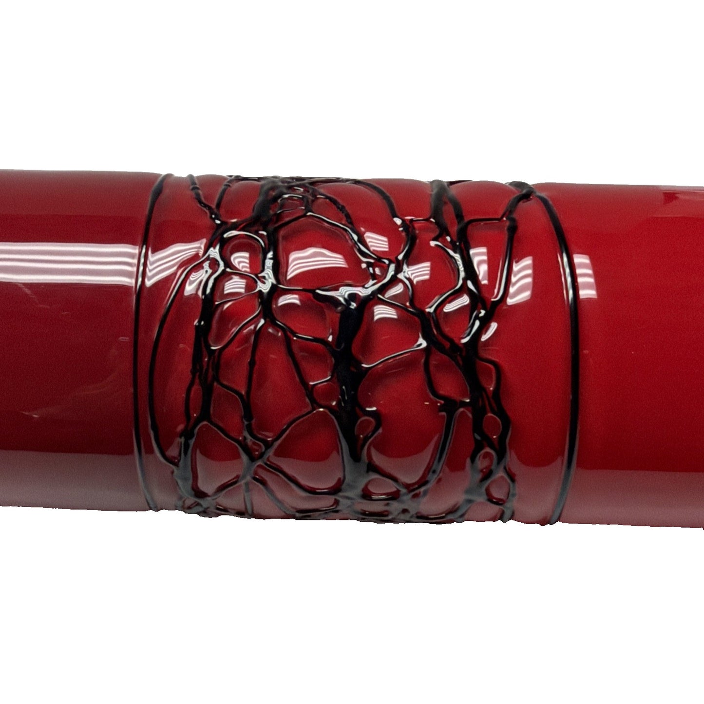 MCM Red Cased White Cylinder Vase Abstract Black Threaded Strapping Large