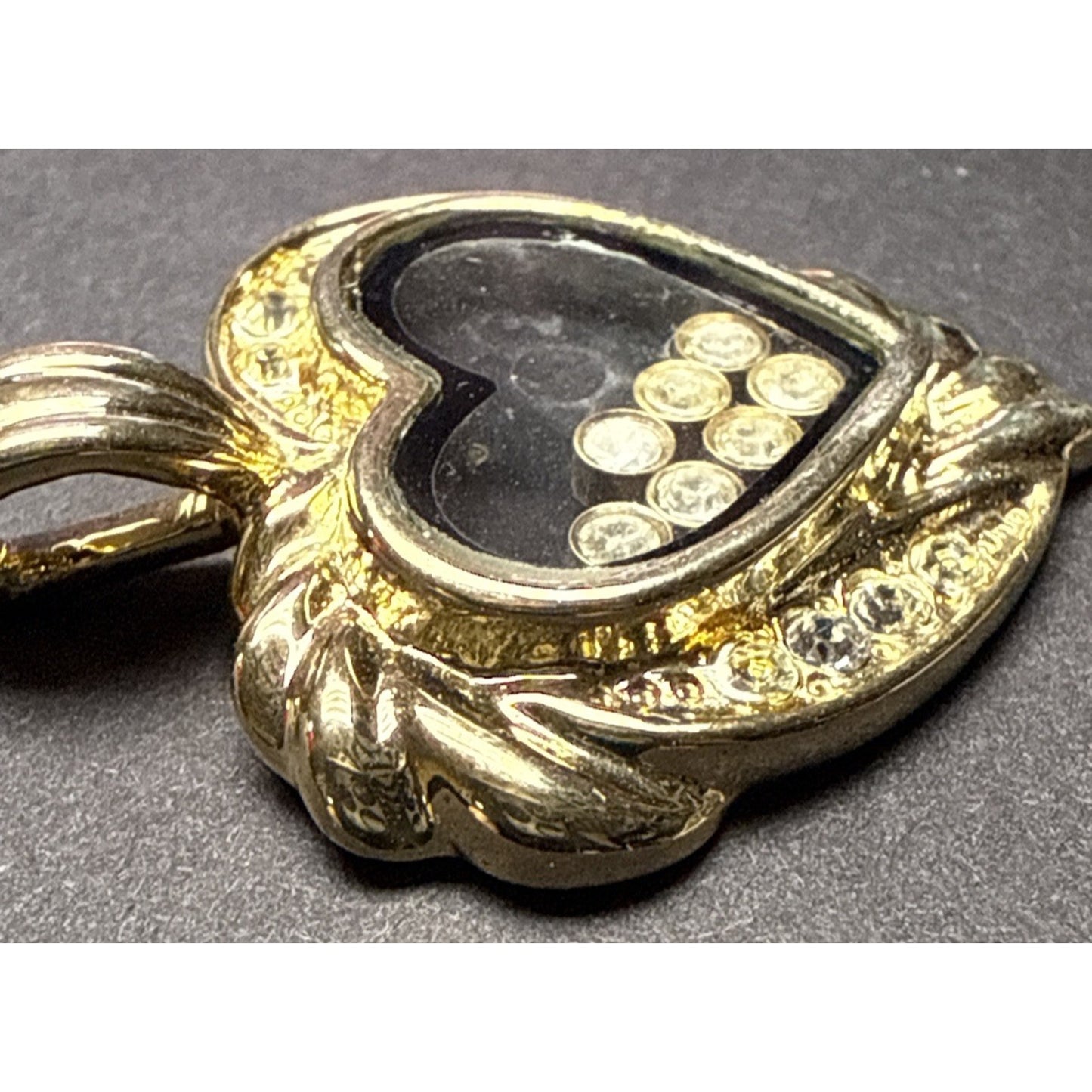 Vintage Gold Tone Floating Crystals Heart Pendant Black